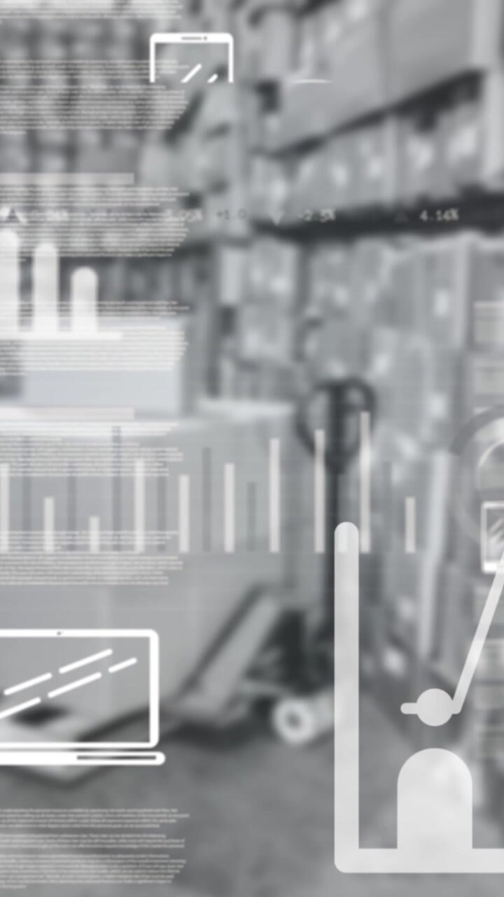 Animation af finansiel databehandling med digitale ikoner over et lager i baggrunden