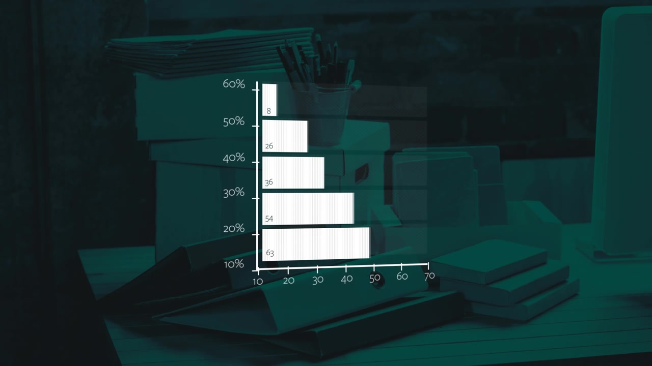 Animation of data loading on white bar graph, over desk piled with files and paperwork