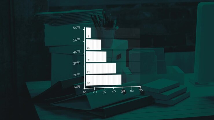 Animation of data loading on white bar graph, over desk piled with files and paperwork