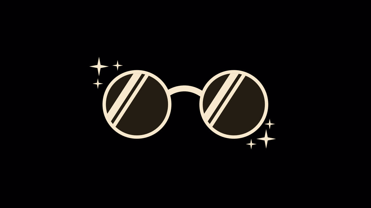 Animierte, runde Sonnenbrille mit Glitzereffekt auf schwarzem Hintergrund