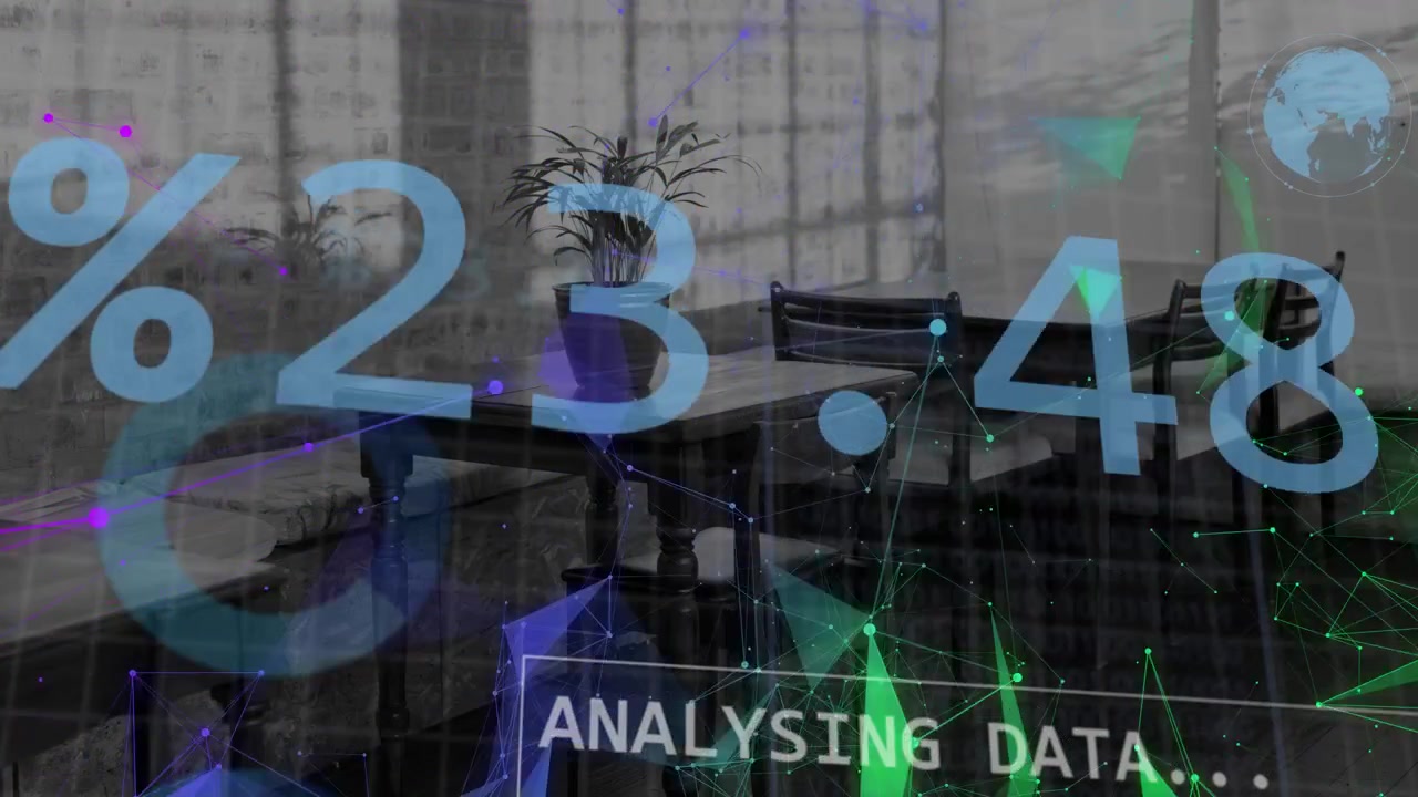 Data feed arriving, HUD graphics animating over wooden table with plant, showing analytics