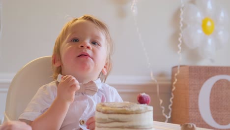 a boy celebrates his birthday with cake showing pure childhood joy. a joyful boy celebrates his birthday with a delicious cake, capturing his excitement and the pure joy of childhood moments with family