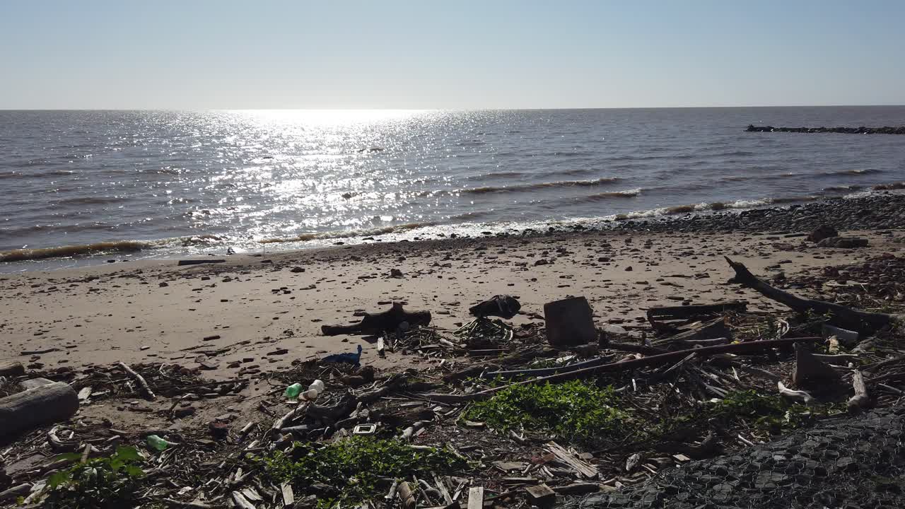 Landscape at Polluted River Plate, Argentina Buenos Aires Waterfront beach with wood, plastic at Sunrise skyline background in Costanera Sur, Ecological Reserve