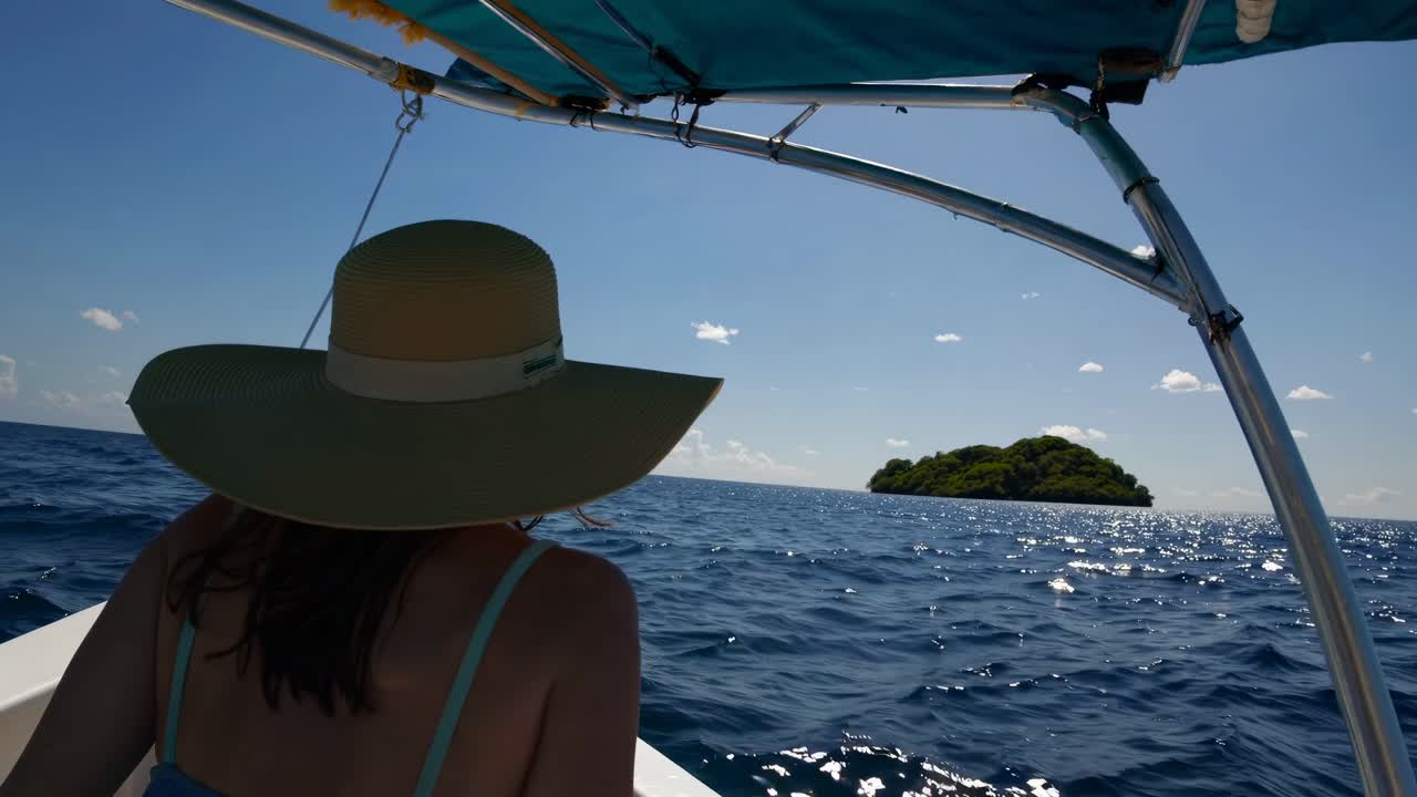 A woman in a sunhat views an island from a boat. Captured from behind at a low angle, the scene