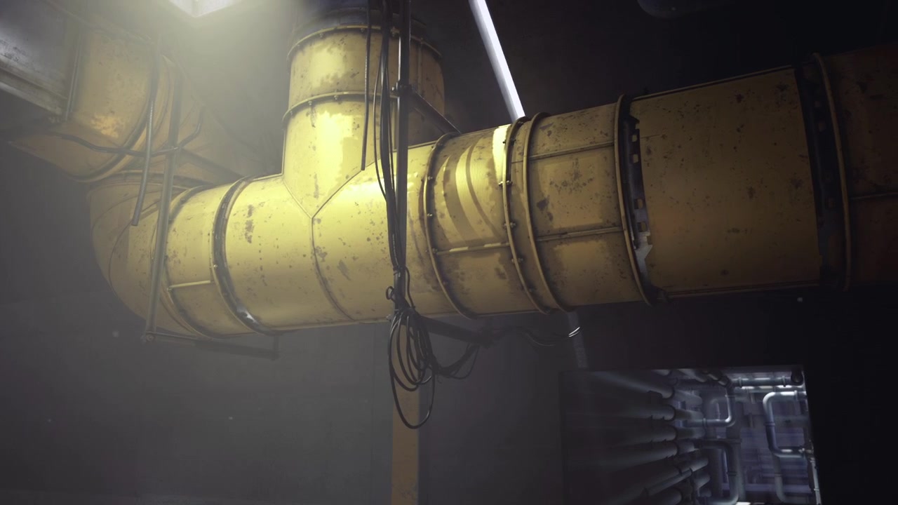 Gritty industrial setting with safety features and dim passageway