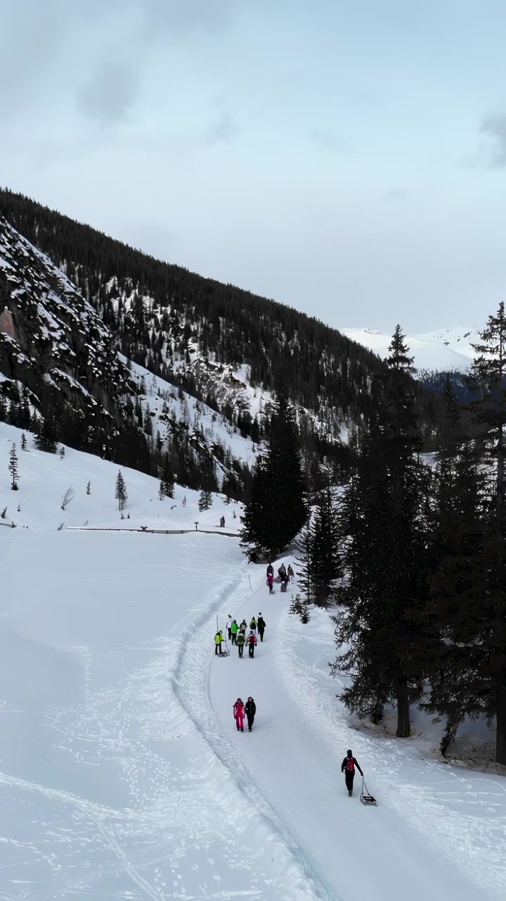 Passo alpino con gruppo guidato in fila indiana su neve fresca, il leader mantiene un passo costante lungo uno stretto