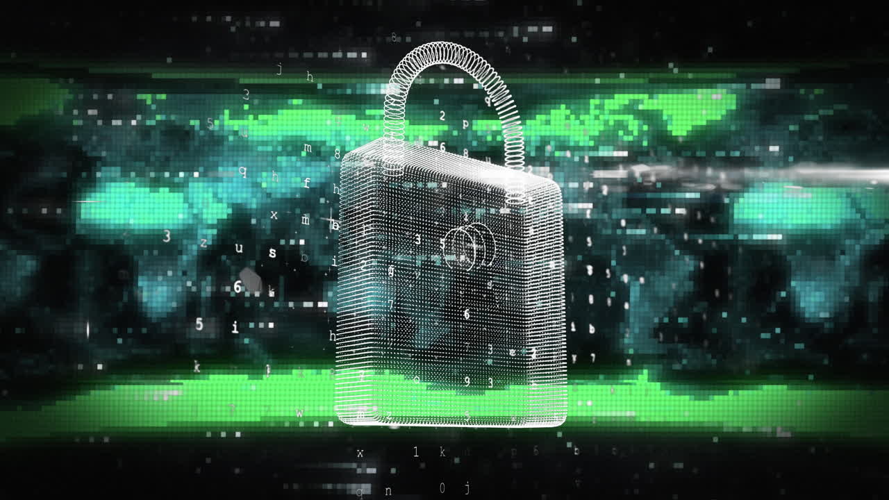 animación del icono del candado y procesamiento de datos sobre el mapa del mundo sobre fondo negro