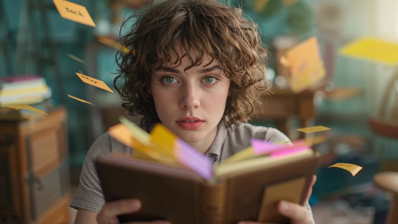Reading woman holding leather book in study while sticky notes detaching and swirling around head