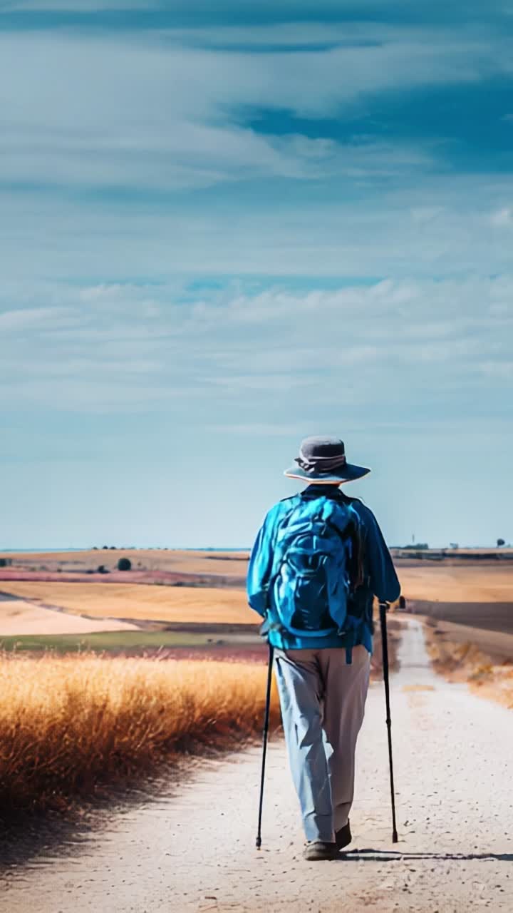 A solitary figure journeys along a serene dirt path, surrounded by expansive fields and a vast blue sky, highlighting the beauty of nature and exploration