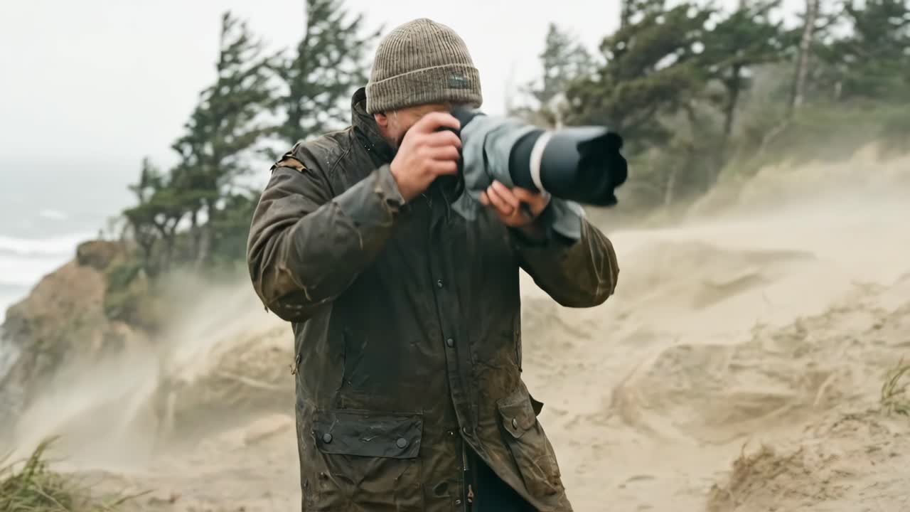 Fotografo professionista che affronta le ventose condizioni costiere con la fotocamera