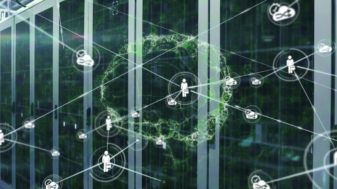 アイコンと脳の接続ネットワークのアニメーション サーバールーム上