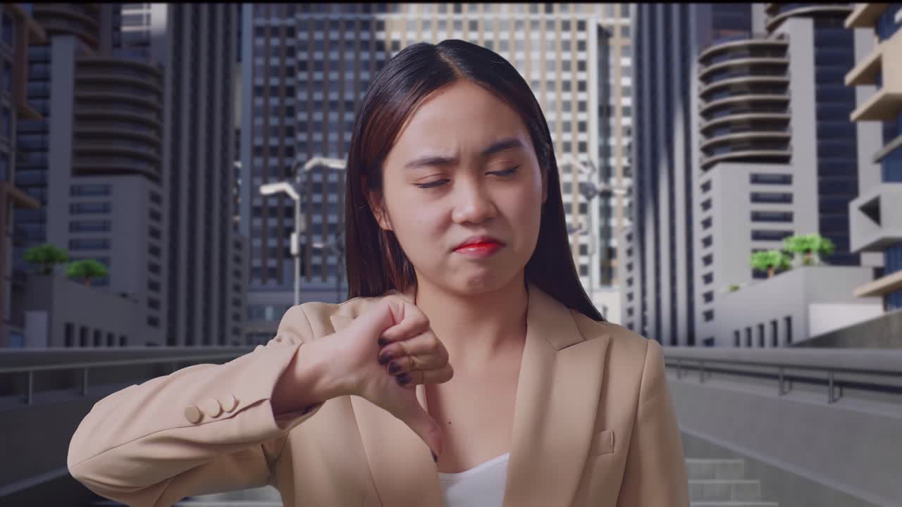 현대 도시 풍경 앞에서 불쾌한 여성