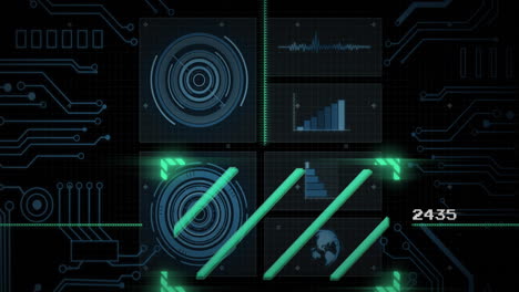 data analysis and processing animation with charts and graphs over digital interface