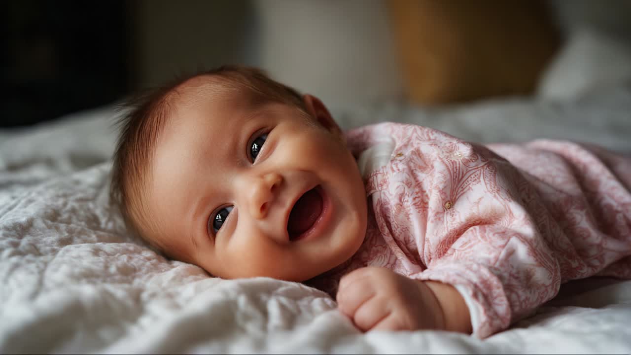 Adorable Baby Smiling on Soft Bedspread, Capturing Pure Joy and Innocence in Two Charming Frames of Happiness, Highlighting the Delightful Expressions and Playfulness of Infancy
