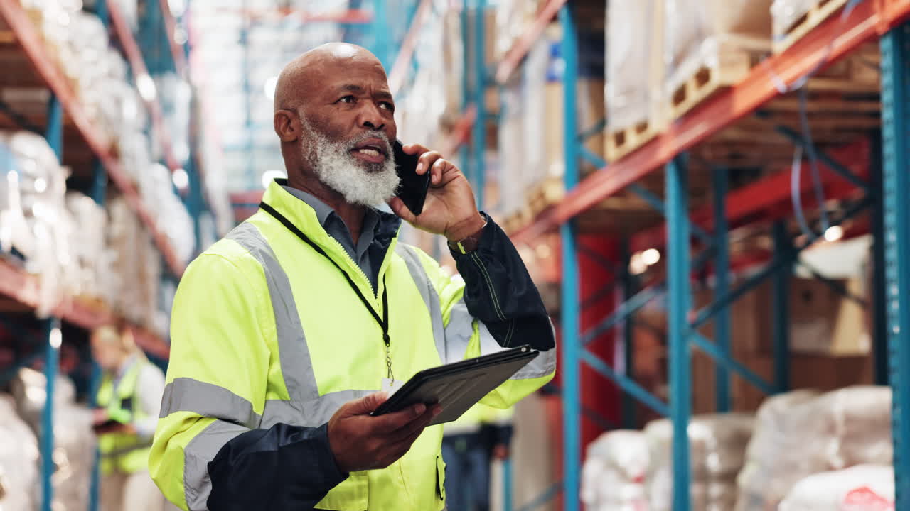 A warehouse worker in a yellow vest talks on the phone while holding a tablet.