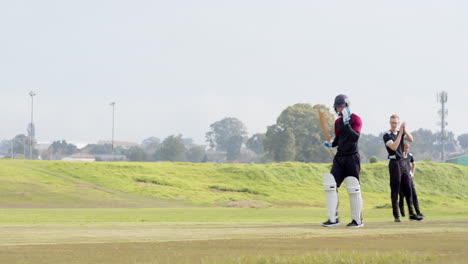 two teams of multiracial male cricket players and male umpire playing cricket on pitch, copy space