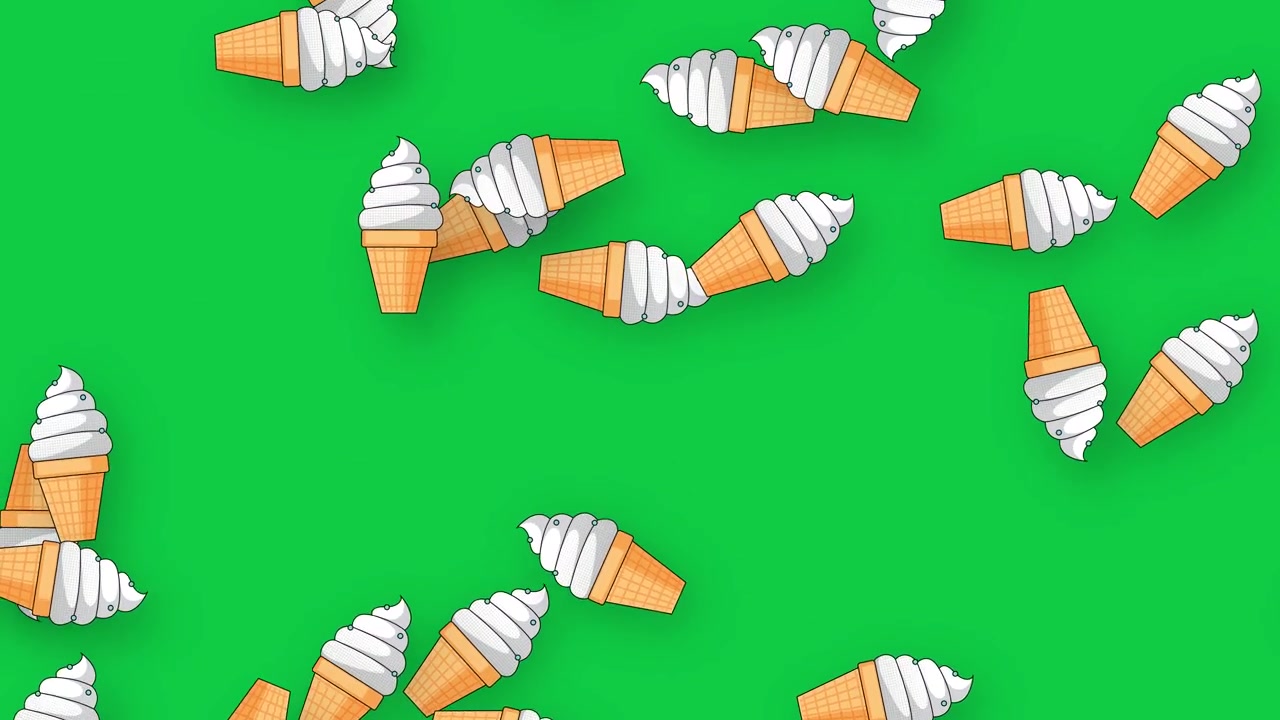 Coni gelato 2D stilizzati cadono e ruotano su uno sfondo vibrante di green screen.