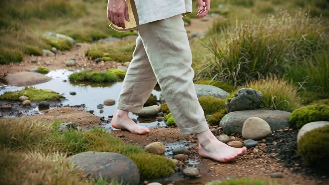 Placing bare foot in puddle, adult with cropped pants stepping on mossy stones avoiding slips