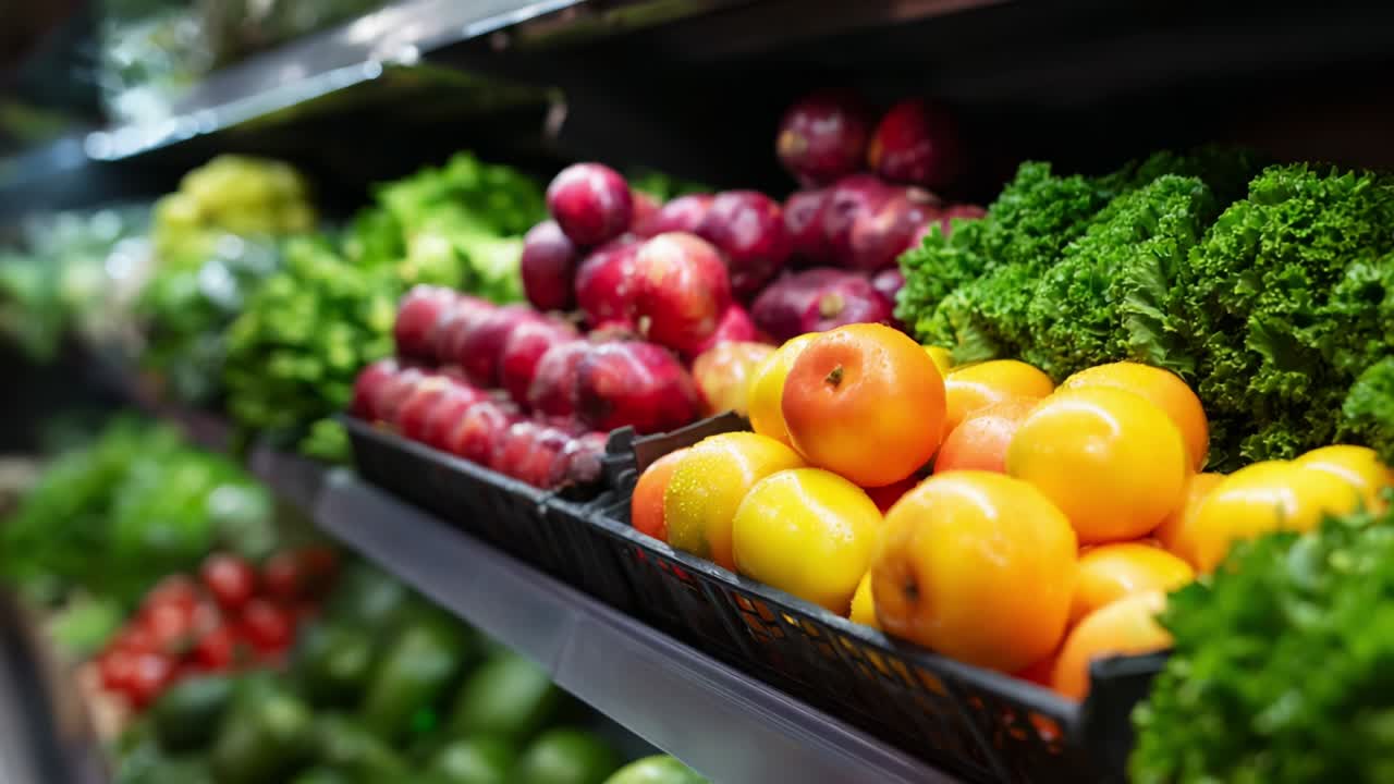 Friske frugter og grøntsager i stærke farver udstillet i en dagligvarebutik, med grøn, bladfyldt salat, røde æbler og flotte citrusappelsiner i en velorganiseret frugt- og grøntafdeling