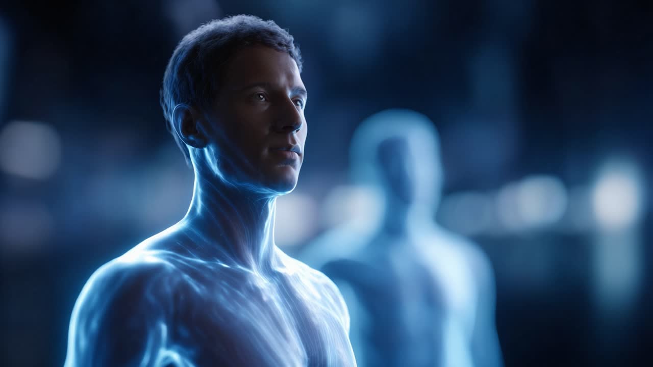 Uno sguardo futuristico al potenziale umano: esplorando la connessione tra tecnologia e anatomia con forme eteree e bioluminescenti in un regno digitale.