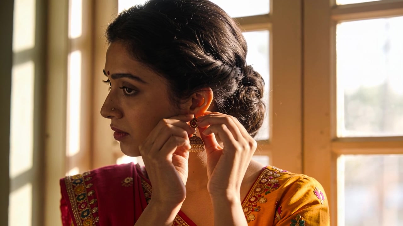 Indisk kvinna i gul blus håller en jhumka, justerar och fäster örhänget vid fönstret, förbereder sig.
