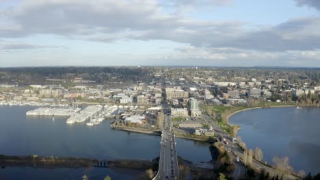 drone of pnw capital city downtown with marina