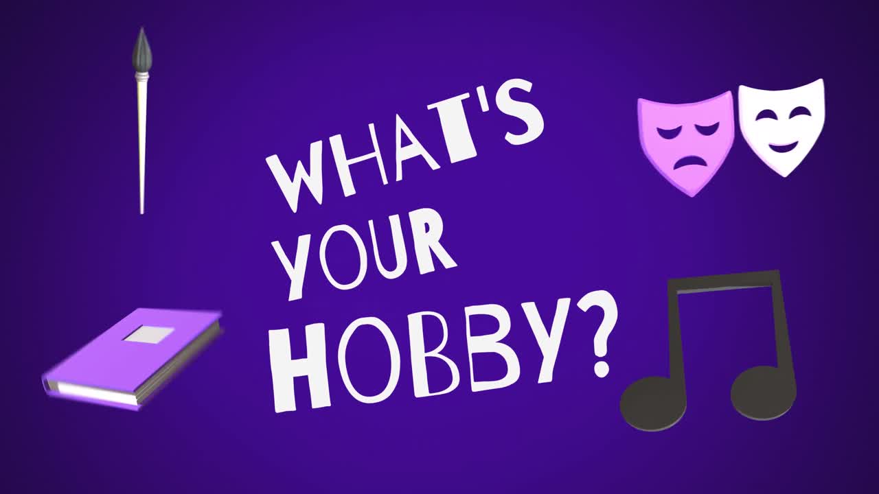 Animation of education icons with what's your hobby text over purple background