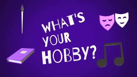 Animation of education icons with what&#039;s your hobby text over purple background