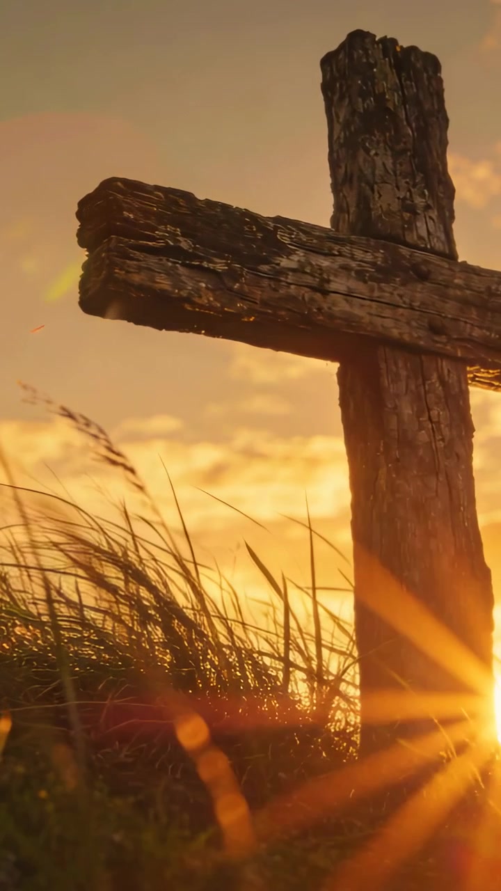Video verticale: Croce di legno su una duna, illuminata dal sole che si avvicina all'orizzonte causando un bagliore, con erba che ondeggia.