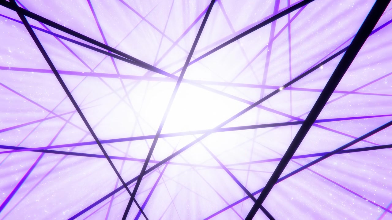 Dense network of purple neon lines crisscrosses glowing field while central brightness bursts outward, sparkles drift through haze, and layered geometry creates vivid depth and motion