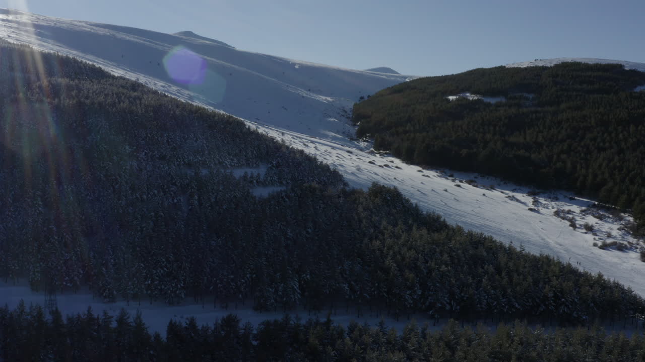 Hermosa escena de montaña nevada con destello de cámara, pinos y cielo azul