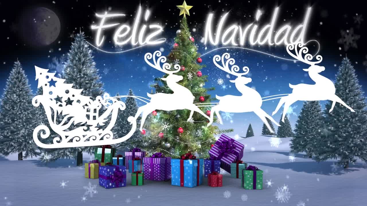 santa claus en trineo siendo tirado por renos contra el texto de feliz navidad sobre el paisaje de invierno