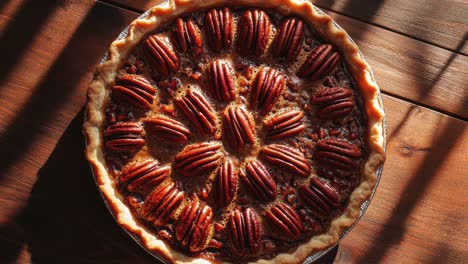 Delicious-Pecan-Pie-on-Rustic-Wooden-Table-with-Sunlight