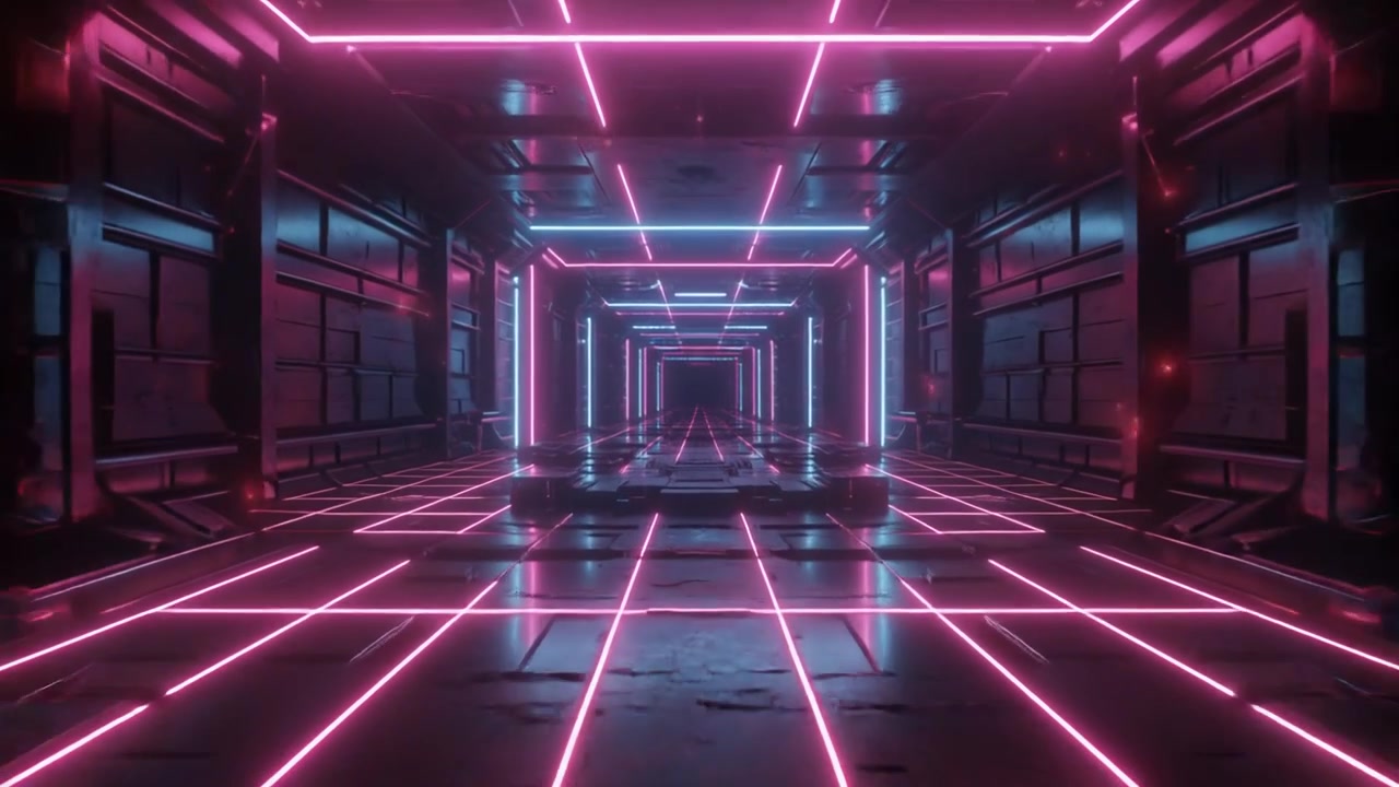 Corridoio Fantascientifico Futuristico con Luci al Neon Rosa e Blu Luminose