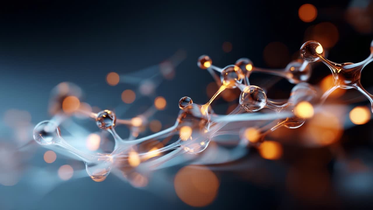 An intricate representation of molecular structures showcasing translucent spheres connected by dynamic strands, illuminated with an ethereal glow, creating a mesmerizing visual interplay of light and form