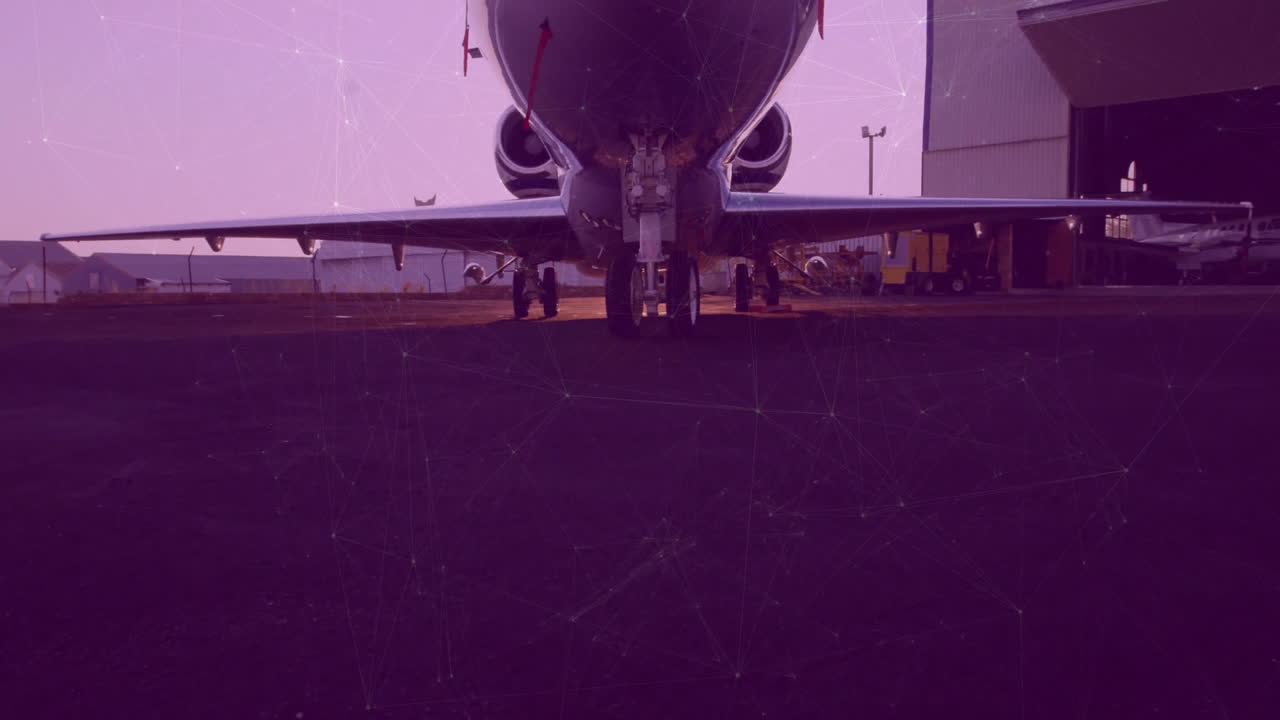 avión en la pista con conexiones de red animación sobre la escena