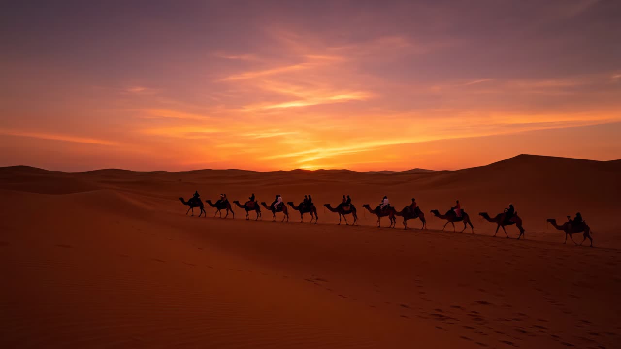 Camel Caravan at Sunset in the Desert