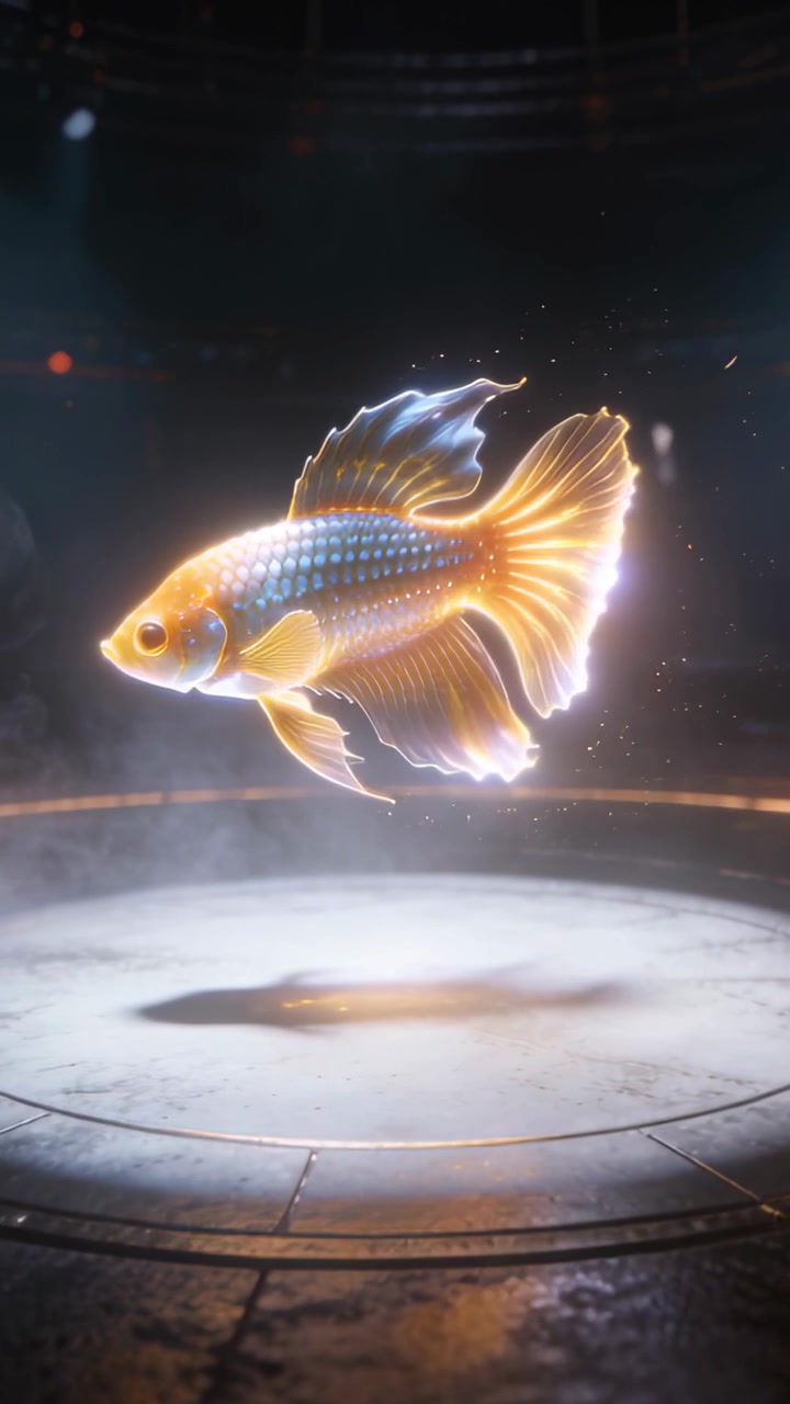 Video verticale: Faro che si accende, pesce dorato che fluttua e ruota sopra un palco di metallo, per esposizione.