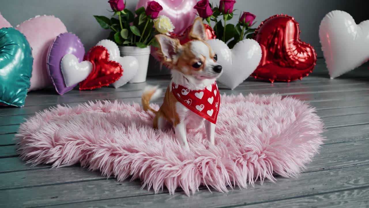 perro chihuahua en una decoración en forma de corazón para el día de san valentín