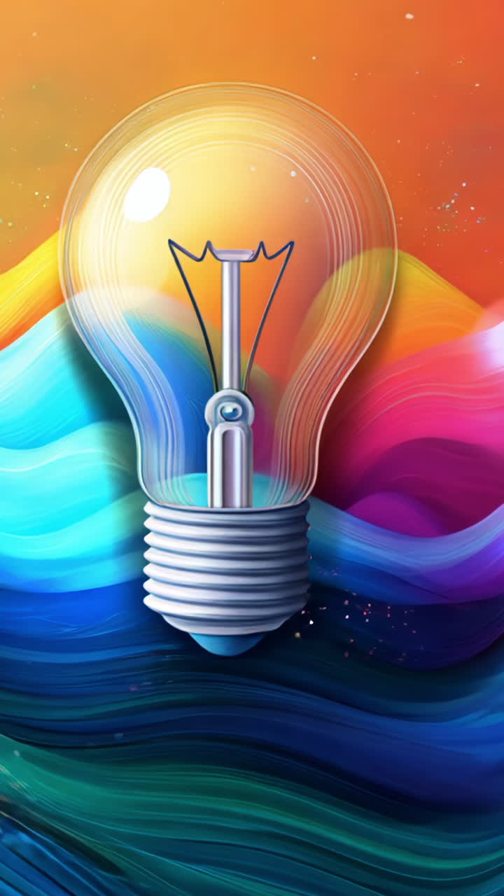 A colorful light bulb is floating on top of a wave of water. The light bulb is surrounded by a rainbow of colors, creating a vibrant and energetic atmosphere. Concept of creativity and inspiration
