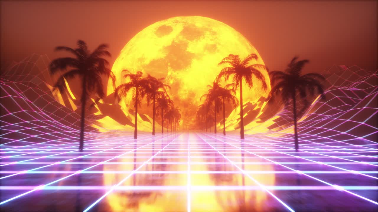 Paesaggio cyberpunk retrò con griglia al neon e palme