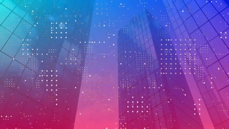 animation of integrated circuit over blue and pink background with skyscrapers