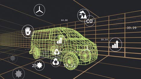 Animation-Mehrerer-Digitaler-Symbole-über-Einem-3D-Transportermodell,-Das-Sich-In-Einem-Nahtlosen-Muster-In-Einem-Tunnel-Bewegt