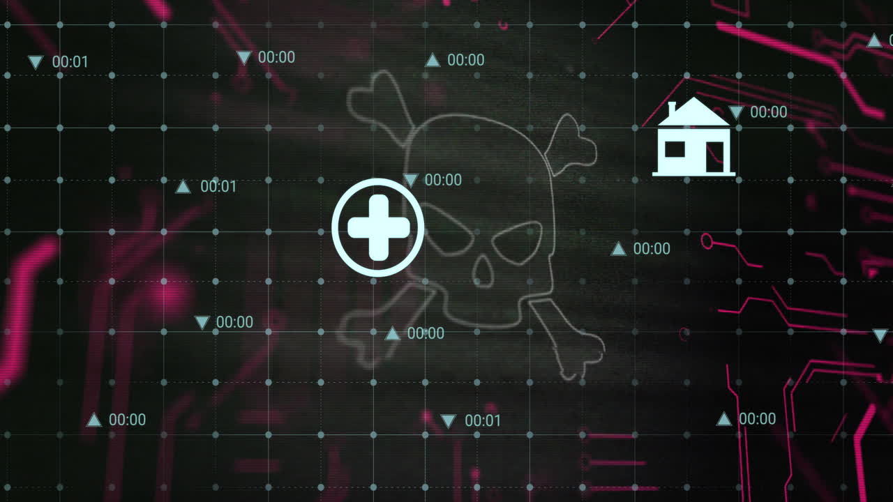 Animation of skull and bones with icons and digital data processing