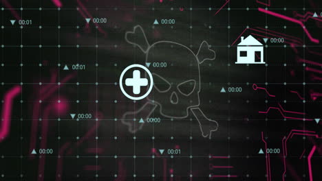 animation of skull and bones with icons and digital data processing