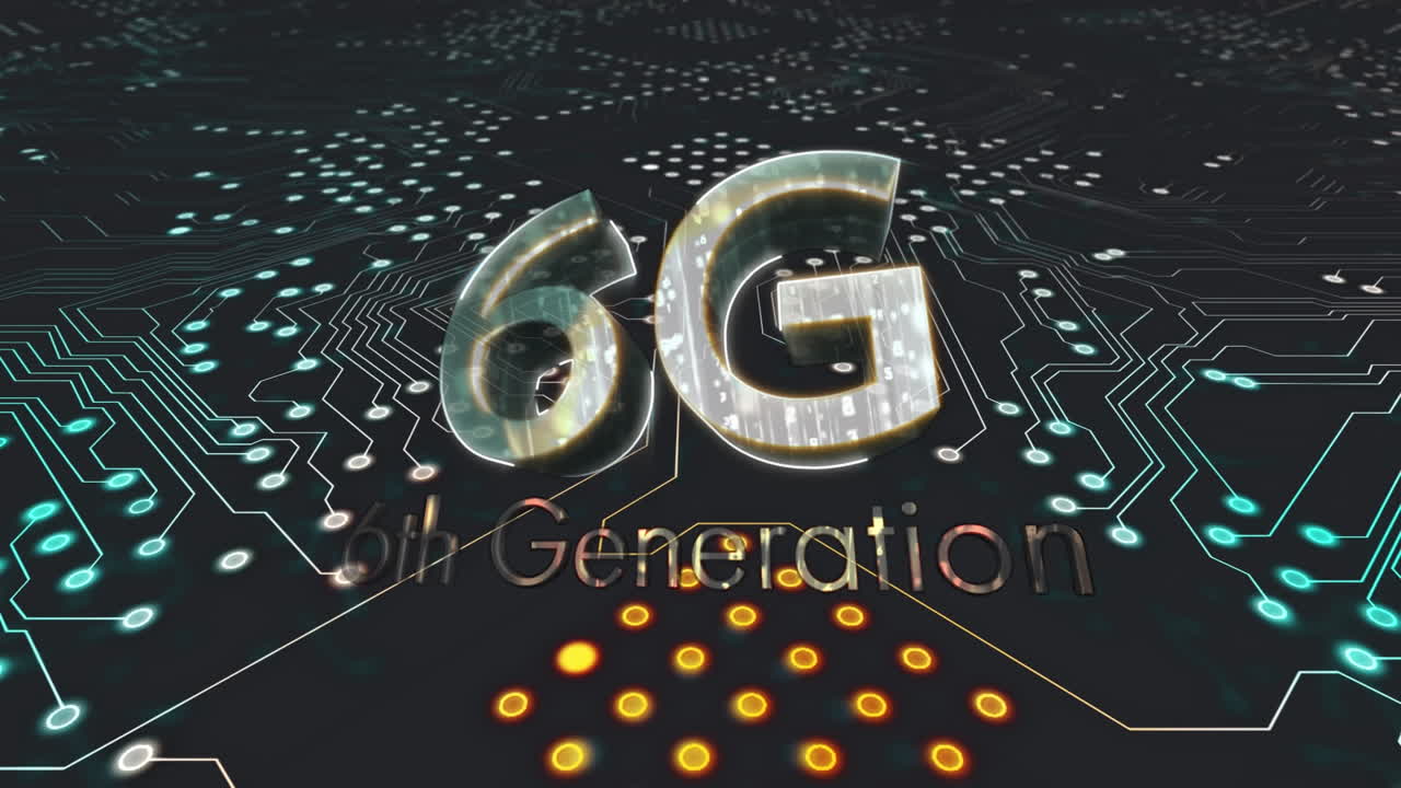 animación de texto de 6 g sobre una placa de circuito de computadora