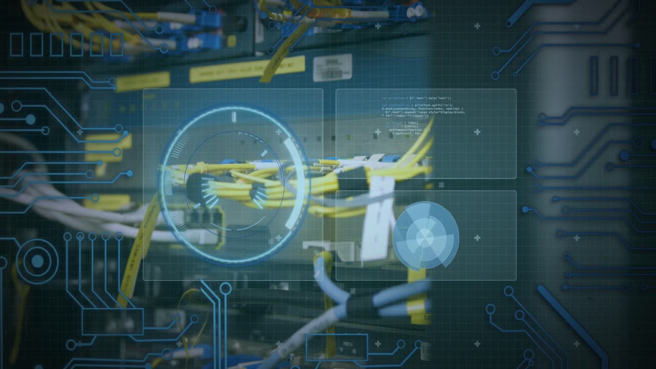 animación del procesamiento de datos a través de cables de computadora