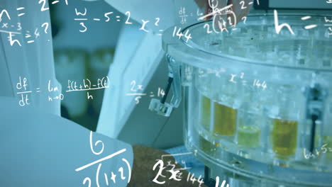 Animation of mathematical equations over biracial male scientist working in lab