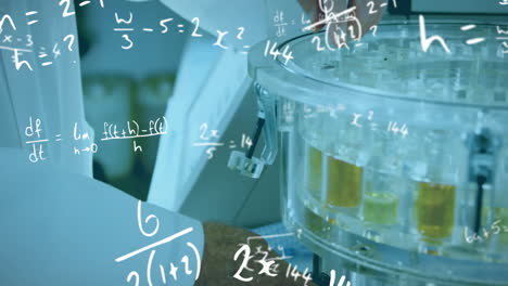 animation of mathematical equations over biracial male scientist working in lab