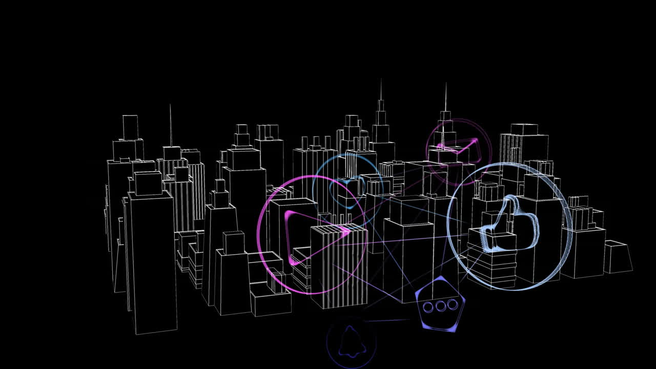 Digital icons and network connections overlay on abstract cityscape animation